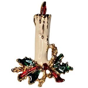 Enamel Christmas Candle Holly 2" Gold Tone Vtg Brooch Pin Holiday